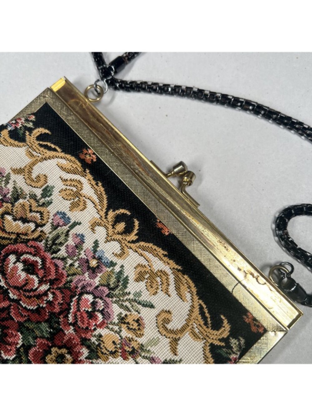 Vintage Floral Needlepoint Tapestry Evening Bag Black Chain Purse AS IS - Picture 2 of 13